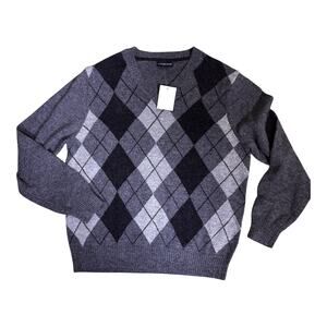 Lands' End Men's Argyle V-Neck Sweater Merino Wool Blend Charcoal Grey Large NWT